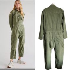 Free People X Sandrine Rose Zip California Embroidered Denim Jumpsuit Utility - New Women | Color: Green | Size: M Denim Utility Jumpsuit With Long Sleeves, Vintage Denim Jumpsuit For Work, Fitted Long Sleeve Denim Utility Jumpsuit, Long-sleeve Cotton Denim Utility Jumpsuit, Long Sleeve Cotton Denim Utility Jumpsuit, Cotton Long Sleeve Relaxed Fit Denim Jumpsuit, Vintage Long Sleeve Overalls For Spring, Fitted Long Sleeve Cotton Overalls, Jumpsuit Utility