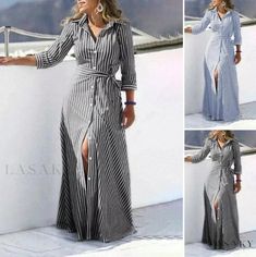 Lasaky - Cotton Linen Striped Midi Dress with 3/4 Sleeves and Open Cardigan Design Dresses Korean Style, Long Dresses Elegant, Split Long Dress, Striped Shirt Dress, Elegant Shirt, Casual Lace, Striped Cardigan, Mongolia, Zambia