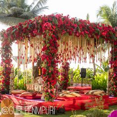 an outdoor wedding setup with red flowers and greenery