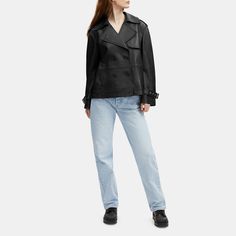 100% lamb leather Lining: 58% polyester 42% viscose Button closure Slip pockets Length: 25 1/4 Model is 5'10 (178cm) chest 31 (79cm) waist 24 (61cm) hips 35 (89cm) and wears a size S Style No. CL357 Button-up Leather Jacket, Chic Button-up Leather Jacket, Trendy Leather Jacket With Button Closure, Modern Leather Jacket With Button Closure For Fall, Chic Faux Leather Jacket With Snap Buttons, Trendy Single-breasted Leather Jacket, Trendy Leather Single-breasted Outerwear, Trendy Business Leather Jacket, Trendy Single Breasted Leather Outerwear