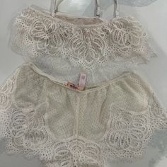 Brand New Never Used White Camisole Bra With Lace Trim, White Lace Trim Camisole Bra, White Lace Sleepwear For Loungewear, Feminine White Nightwear Sets, White Feminine Bedtime Sets, White Lace Feminine Sets, White Feminine Bra With Lace Trim, White Lace Trim Sets For Daywear, White Lace Sleepwear With Built-in Bra