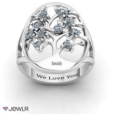 A ring that puts a family together and brings them even closer to you. Personalize this Oval Family Tree Ring with 10 birthstones and engrave your family's name on the bottom. This item can be custom made in your choice of sterling silver, 10K and 14K white, rose and yellow gold. Personalized Sterling Silver Diamond Promise Ring, Personalized White Gold Diamond Birthstone Ring, Engraved White Gold Birthstone Promise Ring, Personalized White Diamond Ring For Anniversary, Personalized Round Cut Jewelry For Anniversary, Anniversary Birthstone Ring With Names, Personalized Round Cut Diamond Ring For Anniversary, Oval Engraved Ring With Birthstone For Anniversary, White Anniversary Jewelry With Names