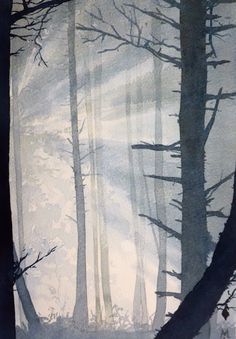 a painting of trees in the fog with no leaves on them, and one person is walking through the woods