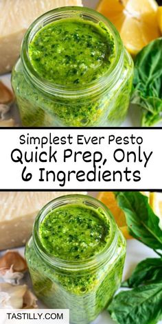 two jars filled with pesto next to sliced lemons and basil