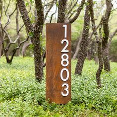 a wooden sign sitting in the middle of a forest filled with green grass and trees