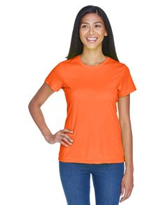 Ladies' Cool & Dry Sport Performance Interlock T-Shirt - BRIGHT ORANGE - XS | UltraClub Athletic Women's Cool & Dry Sport Performance Interlock T-Shirt in Bright Orange Size XS | Polyester Womens Athletic Outfits, Sport Performance, Athletic Apparel, Sleeves (women), Bright Orange, Athletic Women, Custom Tshirts, Breathable Fabric, Apparel Accessories