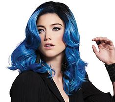 Make a splash in this bold blue do with on-trend waves. Colors flow from a dark root to baby blues. The Tru2Life synthetic fiber can be styled curly or sleek. Wear the comfortable cap design all day or for a night out.  How do I use it: Remove the hair net from the wig. Gently shake the wig to separate the fibers. If your hair is long, pin it flat to your head for a smooth silhouette under the wig. Place the front of the wig at your natural front hairline and pull on so that the back of the wig Fantasy Color Hair, Hair Rainbow, Color Wigs, Frontal Hairstyles, Look Rock, Fantasy Hair, Nice Colors, Sally Beauty, Baby Blues