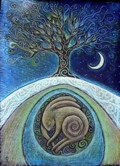 a painting with a tree and moon in the background