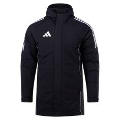 adidas Tiro 24 Parka. Stay warm on the sidelines in this cozy padded jacket. - Full zip/button closure. - Fleece lining. - Attached hood. - Side zip pockets. - Heat applied logo. 100% Polyester. Black Waterproof Hooded Jacket For Sports, Black Waterproof Hooded Jacket For Winter Sports, Black Parka With Fleece Lining For Winter Sports, Adidas Logo Functional Sports Outerwear, Adidas Functional Sports Outerwear, Functional Adidas Sports Outerwear, Sporty Black Hooded Parka, Adidas Sportswear For Sports Events, Black Sportswear Outerwear With Detachable Hood