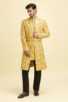 Yellow full sleeves longline bundi with all over Palm island embroidery using multi toned resham thread and cutdana highlights. Paired with a mirror embroidered short kurta and a matching embroidered belt. - Aza Fashions Island Embroidery, Jayanti Reddy, Palm Island, Kurta Set For Men, Short Kurta, Rohit Bal, Embroidered Belt, Tarun Tahiliani, Luxury Sale