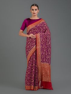 Dark Magenta Shikargah Khaddi Georgette Handloom Banarasi Saree Dark Magenta