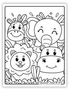 an animal coloring page with three different animals in the grass and one is smiling at the camera