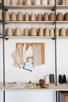 the shelves are filled with different types of hats