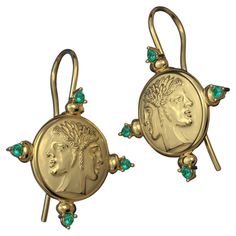 18k Gold Earrings in ancient Roman Style with natural emeralds, made in Italy Rome Antique, Roman Style, 18k Gold Earrings, Roman Fashion, Ancient Jewelry, Ancient Rome, Ancient Romans, Natural Emerald, Belleza Natural