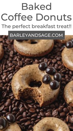 baked coffee donuts with chocolate chips on top and the words baked coffee donuts above them