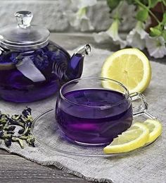 a glass tea pot filled with purple liquid next to lemon slices and a cup of green tea