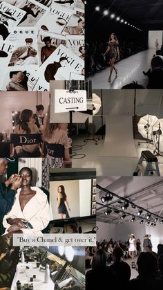 a collage of photos from the runway shows people in black and white outfits, models in