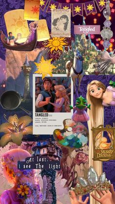 the collage has many different pictures and words on it, including images from disney's tangled