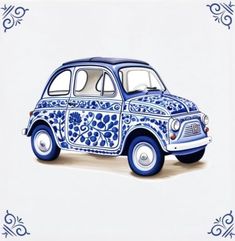 an old blue and white car painted with flowers