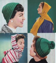 four pictures of women's hats and scarves from the 1950's, including one with a hood