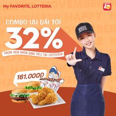 the woman is posing with her hand up in front of a poster advertising fried chicken