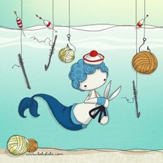 a drawing of a little mermaid sitting on top of a beach next to some knitting needles