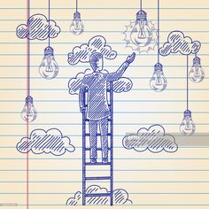 a drawing of a man standing on a ladder with light bulbs hanging from the ceiling