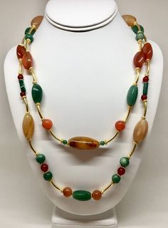 Orange carnelian yellow agate dark green aventurine double strand gold necklace, chunky stone neckla Yellow Stone Jewelry, Masai Necklace, Chunky Stone Necklace, Chunky Gold Necklace, Semi Precious Stone Jewelry, Stone Jewelry Necklace, Chunky Gold Necklaces, Aventurine Jewelry, Yellow Agate