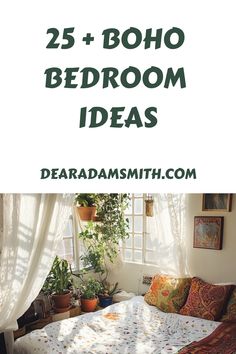 the bedroom is decorated in bohemian style with white curtains and plants on the window sill