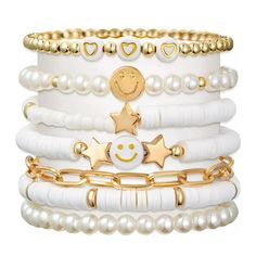 Product Description White Gold Preppy Bracelets The package comes with 7 pieces white gold Heishi bracelets in different style. The bracelets set is collected and designed by kinds of special elements - golden beads, white vinyl clay, smile, star, heart, artificial pearl, and so on. Each of them is unique and attractive. Size Detail The perimeter of stretch bracelets is about 6.3/6.7/7inch, and the perimeter of adjustable bracelet is approx. 7.8 inch, which are suitable for most people wrist size. Premium Materials 6 Pieces made of premium soft clay and acrylic material and the one of paper clip bracelet is alloy, non-fade, not easy to break, waterproof, durable, lightweight, which is comfortable for wearing. Best Gift Our bracelets are in tend of fashion, it is a good idea for you to choo Preppy Bracelets, Summer Beach Jewelry, Preppy Jewelry, Surfer Bracelets, Polymer Beads, Clay Bracelet, Bracelet Kits, Beads Bracelet Design, Bracelets Set