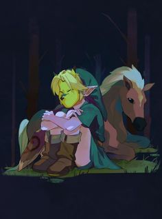 a woman sitting on the ground next to a horse in the dark with her arm around another person's shoulder