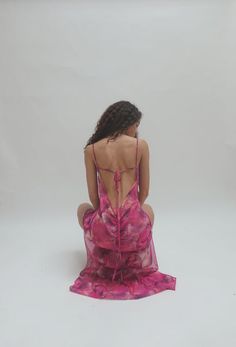 Pink Sheer Backless Dress, Sheer Pink Backless Dress, Silk Chiffon Bias Cut Dresses, Pink Tie Back Dress For Gala, Pink Tie-back Dress For Gala, Pink Backless Dress With Side Slits, Flowy Pink Silk Chiffon Maxi Dress, Pink Backless Bias Cut Dress, Summer Dresses With Side Slits And Low Back