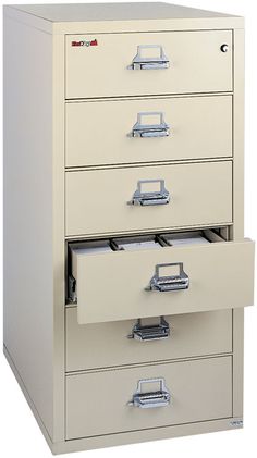 a four drawer file cabinet is shown with the doors open to reveal an empty file