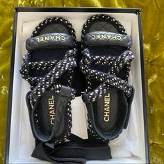 Reposhing This Item I Purchased From @Blamcam. Loved It, But Ready To Rotate For Something New. Questions? Leave A Comment Below! Chanel Dad Sandals, Chanel Black Flats, Strap Sandals Flat, Chanel 2015, Dad Sandals, Chanel Black And White, Shoes Chanel, Rope Sandals, Black Gladiator Sandals