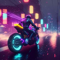 a person riding a motorcycle on a city street at night with neon lights in the background