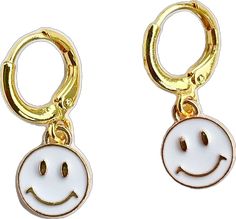 Everyday Trendy White Huggie Earrings, Trendy White Huggie Earrings For Everyday, Trendy White Huggie Hoop Earrings, White Hypoallergenic Dangle Huggie Earrings, White Smiley Face Jewelry For Gifts, Playful Gold Jewelry With Smiley Face, Earrings Happy Face, Cheap Fun Earrings With Smiley Face, Cheap Cute Smiley Face Earrings