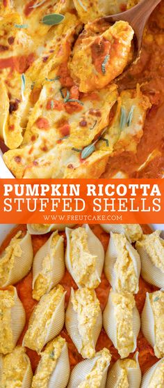 pumpkin ricotta stuffed shells in a white casserole dish with text overlay