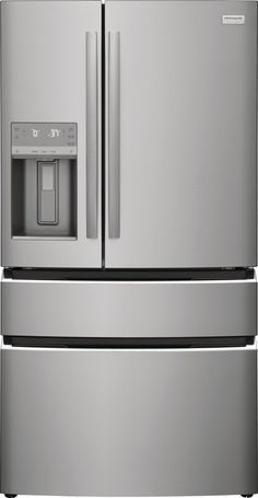 a stainless steel refrigerator with the door open and water dispenser in front