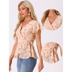 This floral blouse features a deep v-neck, wrap front, tie knot at the waist, short sleeve, and all-over floral print. This wrap blouse easily goes well with skinny jeans, shorts, and skirts for a fashionable and casual look. A peplum top with floral printed and short sleeve design offers a charming look for day or night. Good options for parties, sweet dating, shopping, festivals, banquets, office outfits, casual wear, and daily outfits. Feminine V-neck Printed Blouse, Summer V-neck Blouse With Tie Waist, Summer Wrap Top With Surplice Neckline, Summer Faux Wrap Top With Surplice Neckline, Summer Surplice Neckline Faux Wrap Top, Summer Surplice Neckline Top For Brunch, Spring V-neck Wrap Top With Tie Waist, Short Sleeve Wrap Top For Day Out, Spring Casual Wrap Top With Short Sleeves