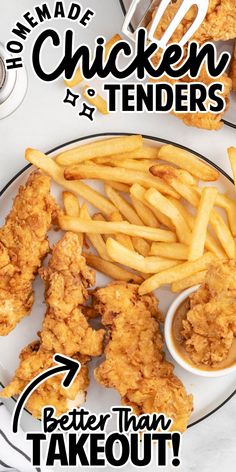 fried chicken tenders on a plate with french fries