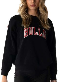 Make your way to the big game in this Chicago BullsWomens Black Perforated Crew Sweatshirt! This Bulls Long Sleeve Sweatshirt features a screen print team name on center chest and team logo on back. Stay warm and comfortable with this Womens Chicago Bulls Crew Sweatshirt. Soft hand, Side sleeve stripe, Finished hem, 73% Cotton, 27% Polyester, 4 Black Varsity Top For Game Day, Black Athleisure Tops For College, Collegiate Black Top For Winter, Black Tops With Ribbed Cuffs For Game Day, Sporty Tops With Ribbed Cuffs For Game Day, Athleisure Tops For Winter Game Day, Sports Team Logo Tops For Fall, Fall Sports Tops With Team Logo, Fall Sports Top With Team Logo