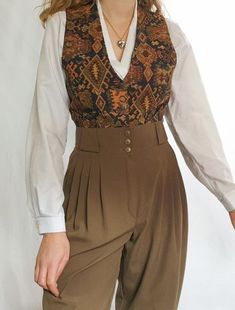 Cottagecore Vest Outfit, Earthy Formal Outfits, Nonbinary Graduation Outfit, Bardcore Outfits, Botanist Aesthetic Outfit, Cottagecore Business Casual, Cottagecore Suit, Cottagecore Pants Outfit, Professional Cottagecore