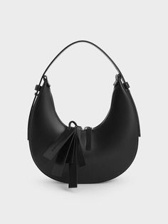 Noir Carey Crescent Hobo Bag | CHARLES & KEITH Black Saddle Bag, Chic Crossbody Bag, Elegant Aesthetic, Keychain Charm, Classic Handbags, Mary Jane Pumps, Charles Keith, Black Shoulder Bag, Charm Set