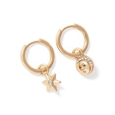 Moon and Star Hoop Earrings | The Met Store Star Hoop Earrings, Moon And Star, The Moon, Custom Print, Hoop Earrings, Moon, Stars, Clothes