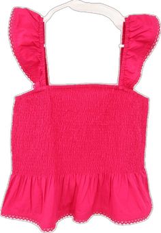 Cotton Smocked Top With Ruffles For Vacation, Cotton Smocked Top With Ruffled Straps, Summer Tops With Smocked Bodice, Summer Tops With Smocked Bodice In Solid Color, Sleeveless Smocked Top With Smocked Cuffs, Cotton Smocked Ruffle Top For Beach, Cotton Smocked Top With Ruffles, Pink Tops With Smocked Back And Ruffled Straps, Beach Smocked Cotton Top With Ruffles