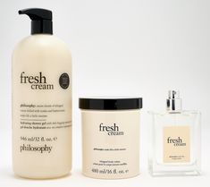 Indulge yourself in all fresh cream has to offer with this layering set from philosophy.\n\nThe 3-in-1 shampoo, bath, and shower gel works into a rich lather that leaves skin and hair feeling clean, soft, and delicately scented. Follow with the whipped body creme -- the formula includes a blend of moisturizing ingredients, leaving skin feeling soft and deliciously scented. Finish your layering experience with the matching eau de toilette to carry your scent throughout the day!\n\nfresh cream: an Philosophy Fresh Cream Lotion, Fresh Cream Body Wash, Body Wash Sets, Philosophy Vanilla Perfume, Philosophy Body Care, Shopping Wishlist Ideas, Philosophy Shampoo And Conditioner, Body Care Vanilla, Fresh Cream Philosophy