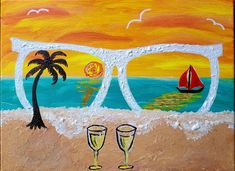 a painting of two champagne glasses on the beach with a sailboat in the background