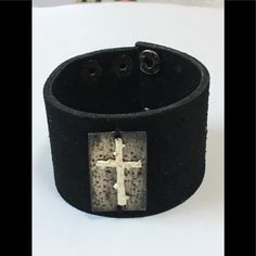 This Black Leather Strap Bracelet Has A Stainless Steel Cross And A Double Snap Back Which Allows For A Fit Of 7 Or 8” Wrist. Please Note That I Have Already Reduced Most Items From Their Original Selling Price And Because Most Of My Listings, Unless Otherwise Stated, Are New Never Worn, I Can Not Reduce Them Much More. Thank You For Your Interest. Rectangular Black Wristlet As A Gift, Black Rectangular Wristlet For Gift, Rectangular Black Wristlet For Gift, Vintage Black Leather Bracelet For Gift, Vintage Black Leather Bracelet As Gift, Metal Bracelet With Black Band As Gift, Handmade Adjustable Gothic Bracelets, Handmade Adjustable Gothic Bracelet, Adjustable Black Nickel-free Cuff Bracelet