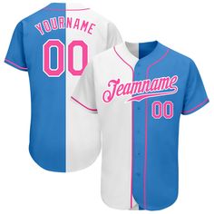 Custom Powder Blue Pink-White Authentic Split Fashion Baseball Jersey Pink Baseball Jersey, Blue Baseball Season Jersey With Letter Print, Blue Baseball Jersey With Team Name For Game Day, Blue Baseball Jersey With Team Logo For Game Day, Blue Jersey With Letter Print For Baseball Season, Blue Baseball Jersey With Team Name For Fans, Blue Jersey With Team Logo And Baseball Collar, Collegiate Blue Baseball Jersey Fan Gear, Blue Varsity Baseball Jersey With Team Logo