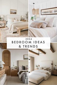 four different pictures with the words bedroom ideas and trends on them, including a bed